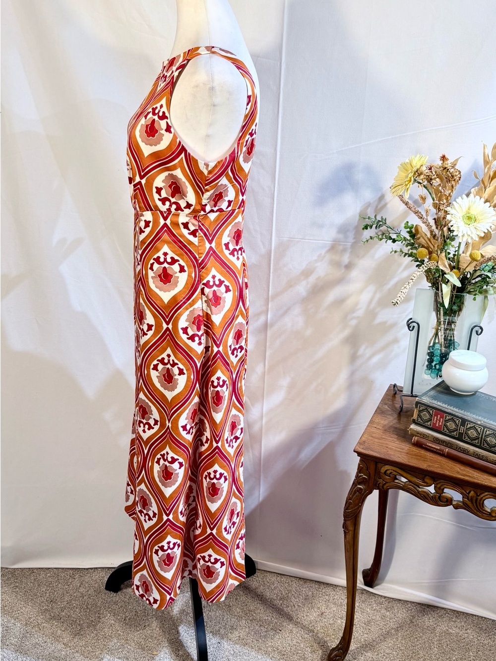 Boden Slash Neck Midi Dress Kumquat, Geo Cascade Pockets Stretch Cotton 8🧡 - Picture 6 of 9